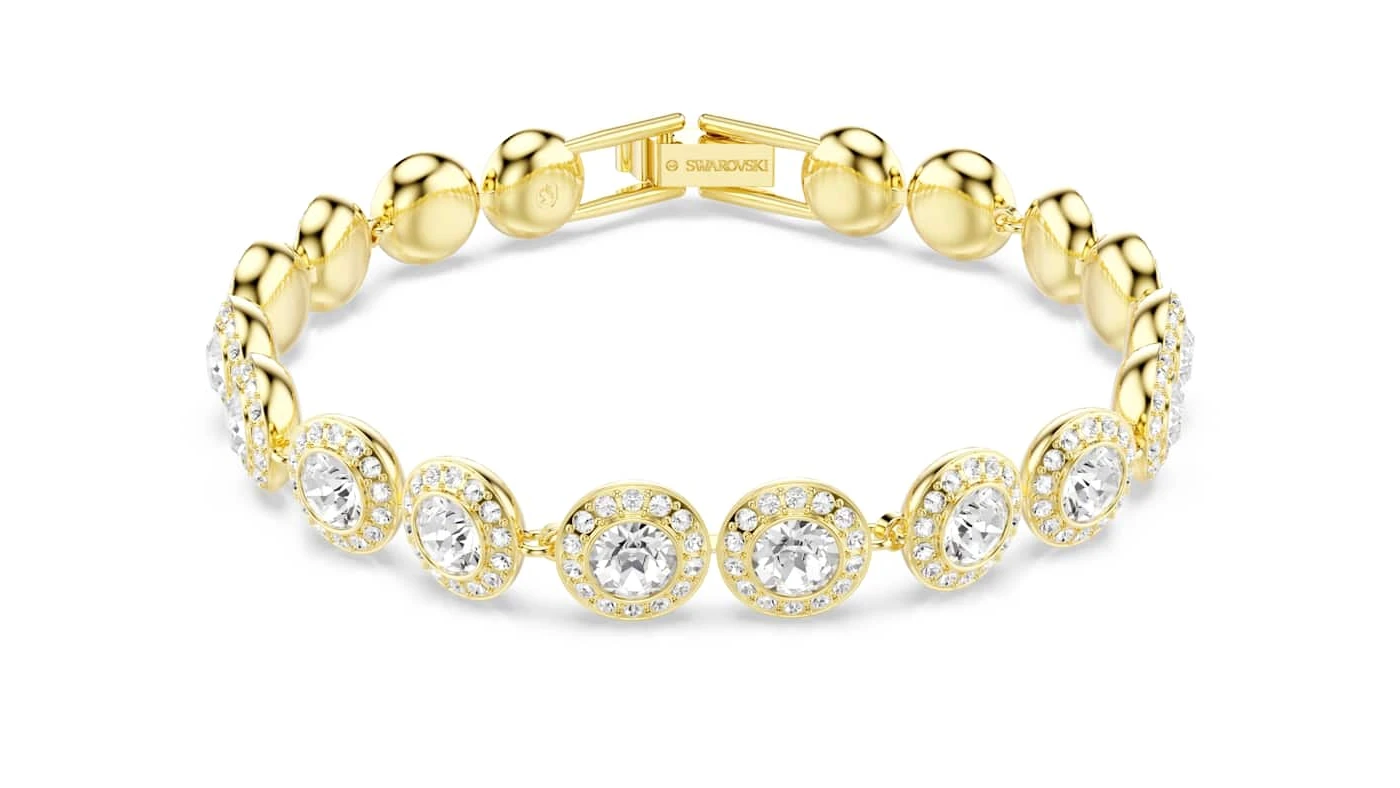 Bracelet Swarovski Angelic plaqué or jaune, cristaux ronds entourés d'un halo pavé, avec son fermoir signé de la marque