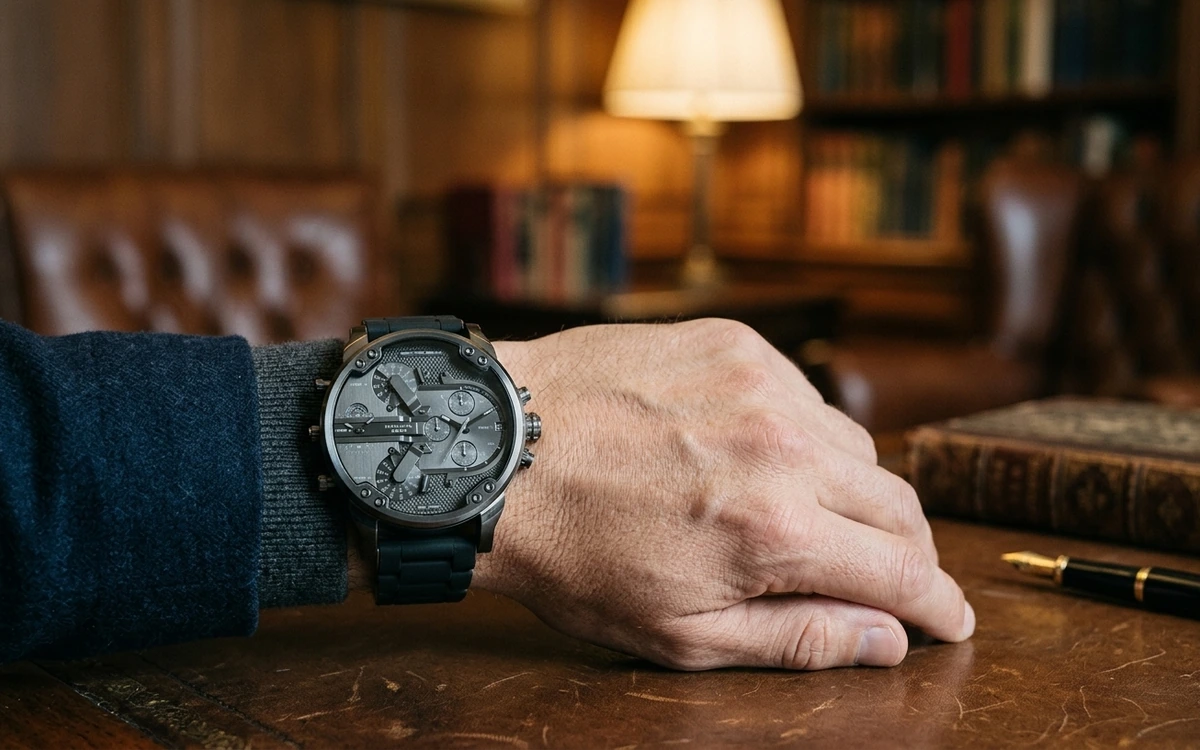 Montre Diesel oversized homme cadran noir bracelet acier XXL