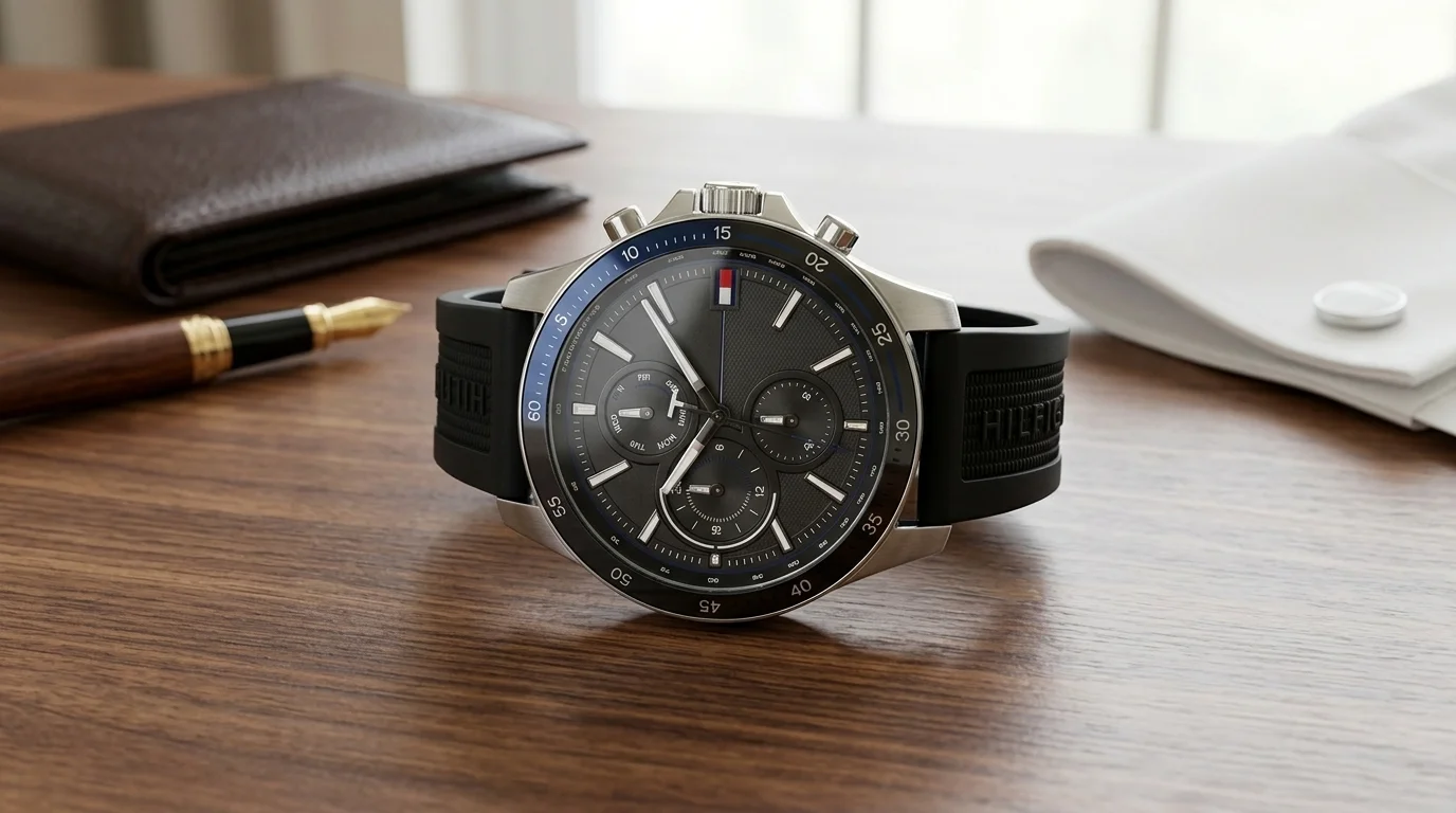 Ambiance éditoriale Tommy Hilfiger — illustration article Montre Homme Pas Cher : Guide Complet des Meilleures Offres 2026