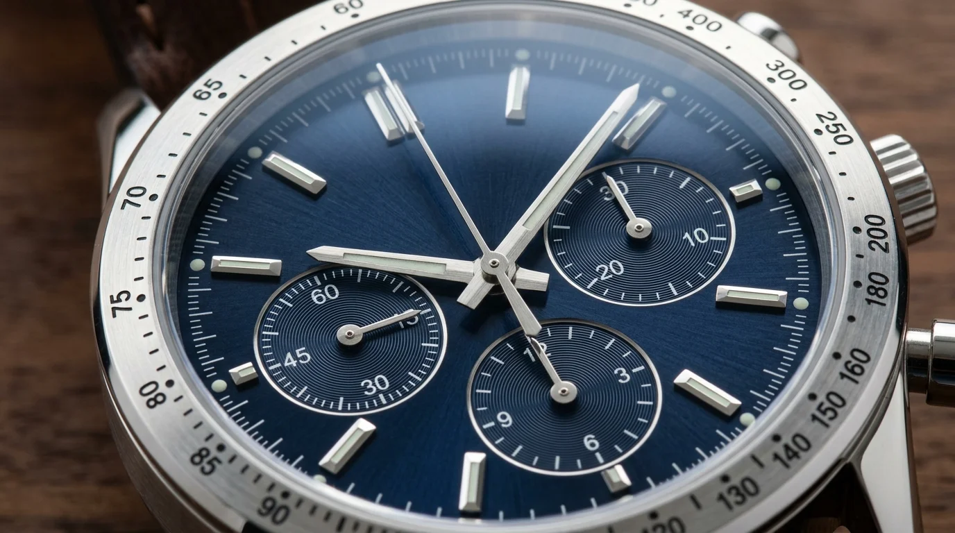 Gros plan sur les sub-counters et la lunette tachymètre d'un chronographe