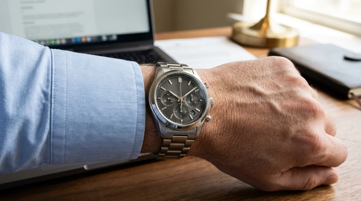 Chronographe acier porté au poignet sous une manche de chemise