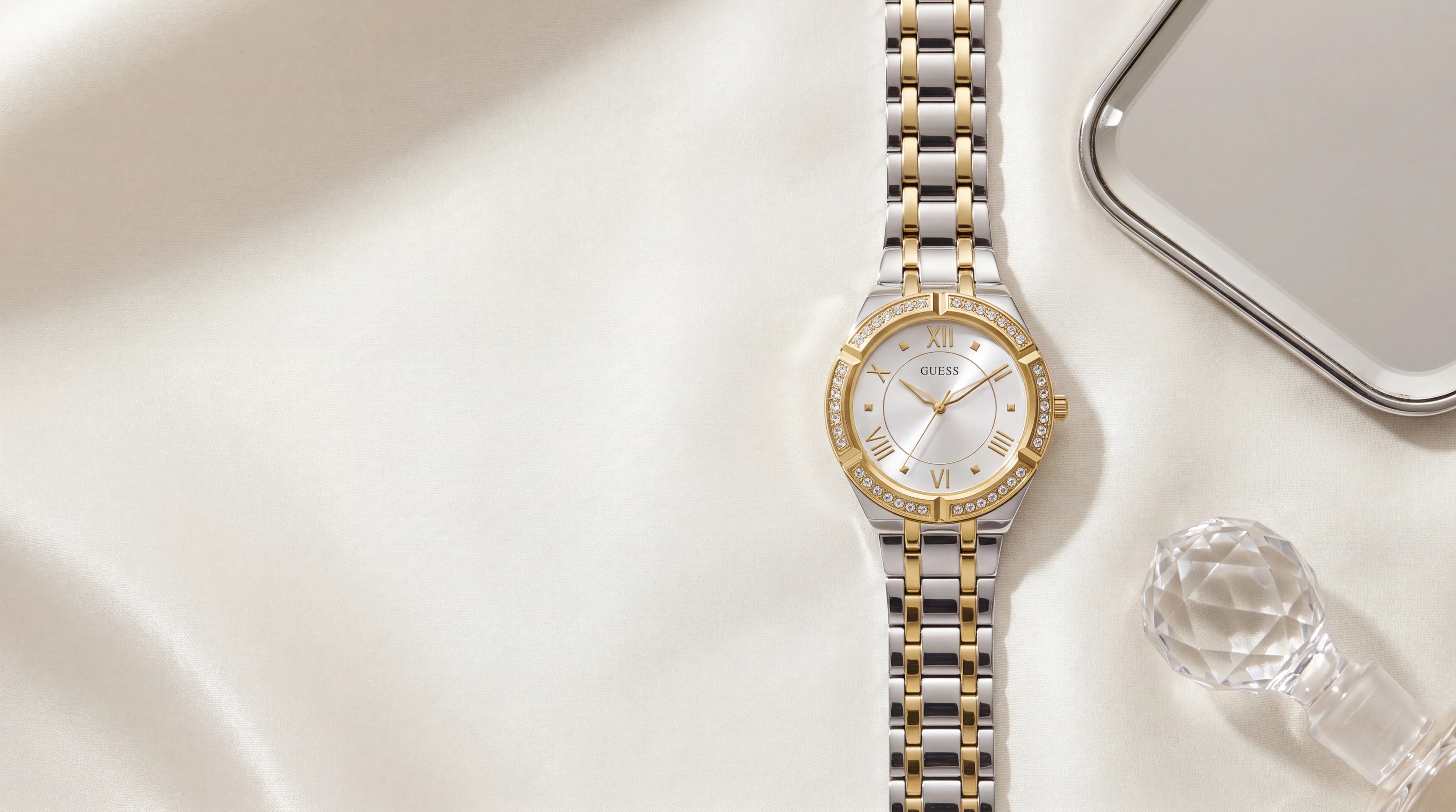 GUESS Cosmo GW0033L4 two-tone steel and gold-tone watch with crystal bezel on ivory silk satin