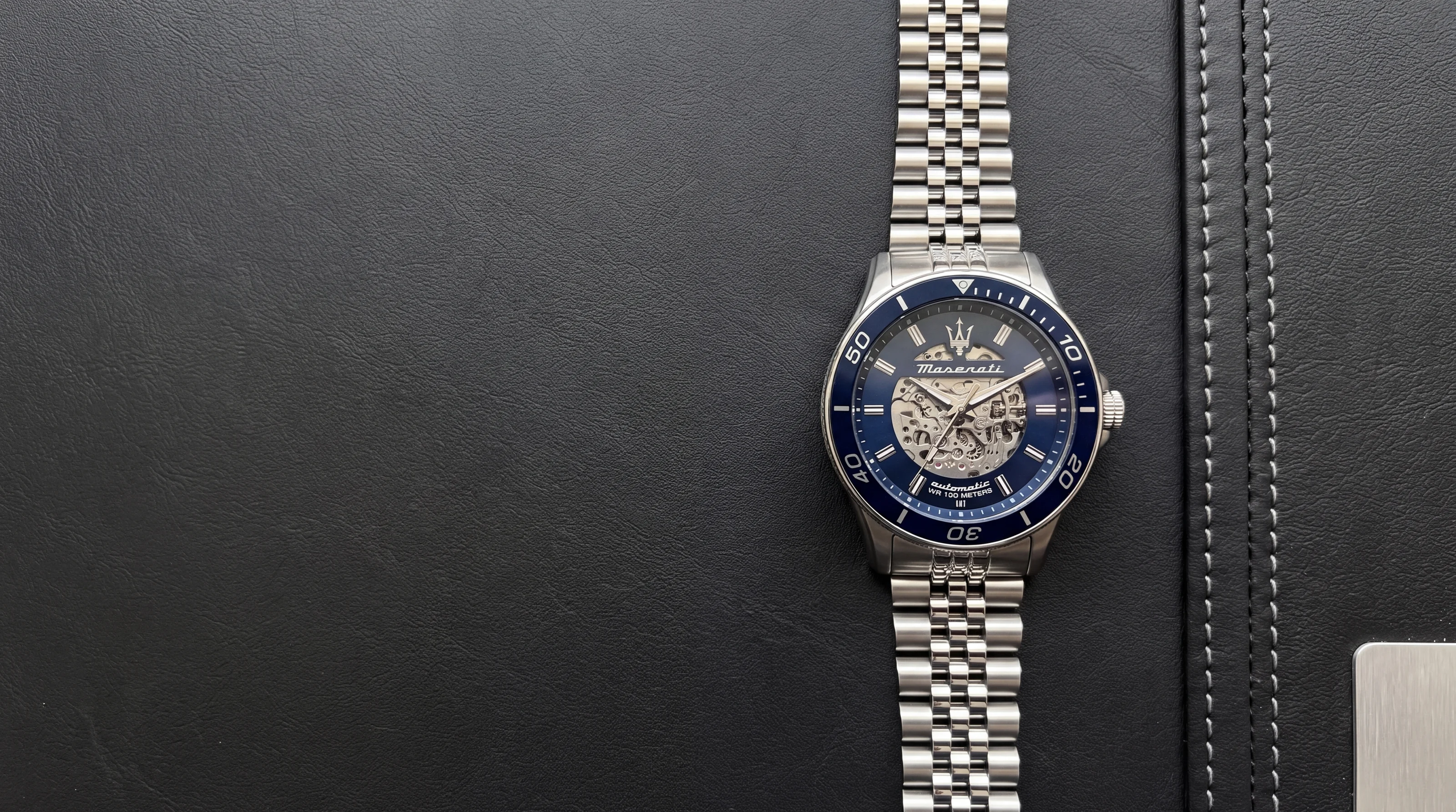 MASERATI Sfida automatic R8823140011 in steel with blue bezel and skeleton dial, on black stitched leather