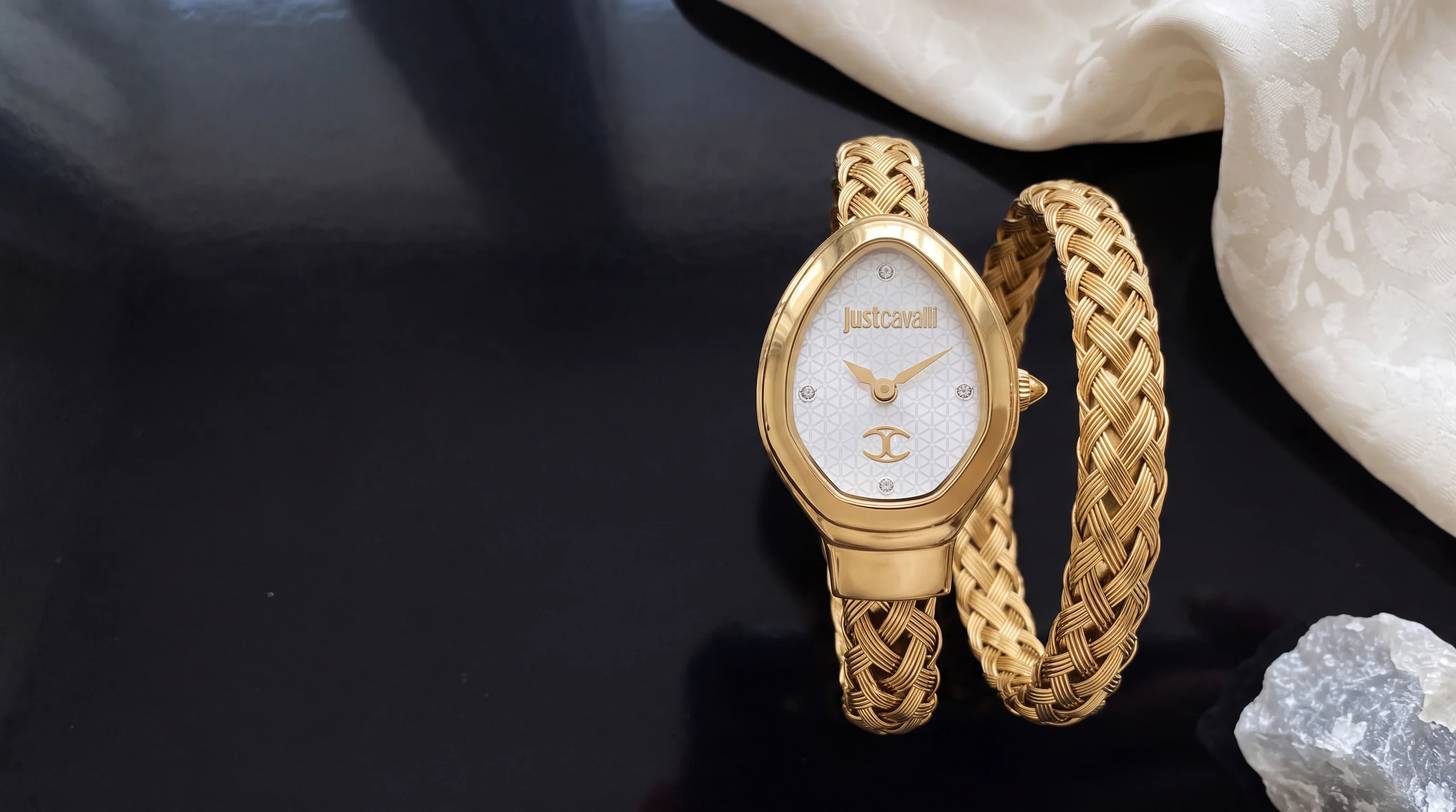 Just Cavalli JC1L264M0025 gold-tone women's snake watch, braided coil, silver dial, on black lacquer and ivory silk
