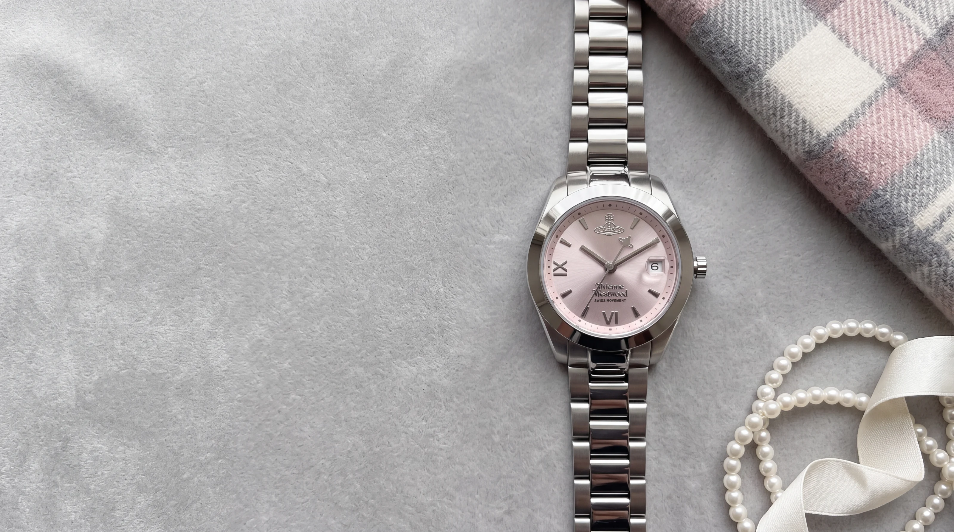 Vivienne Westwood Fenchurch VV292PKSL women's steel watch with powder-pink dial on dove-grey velvet with pearls