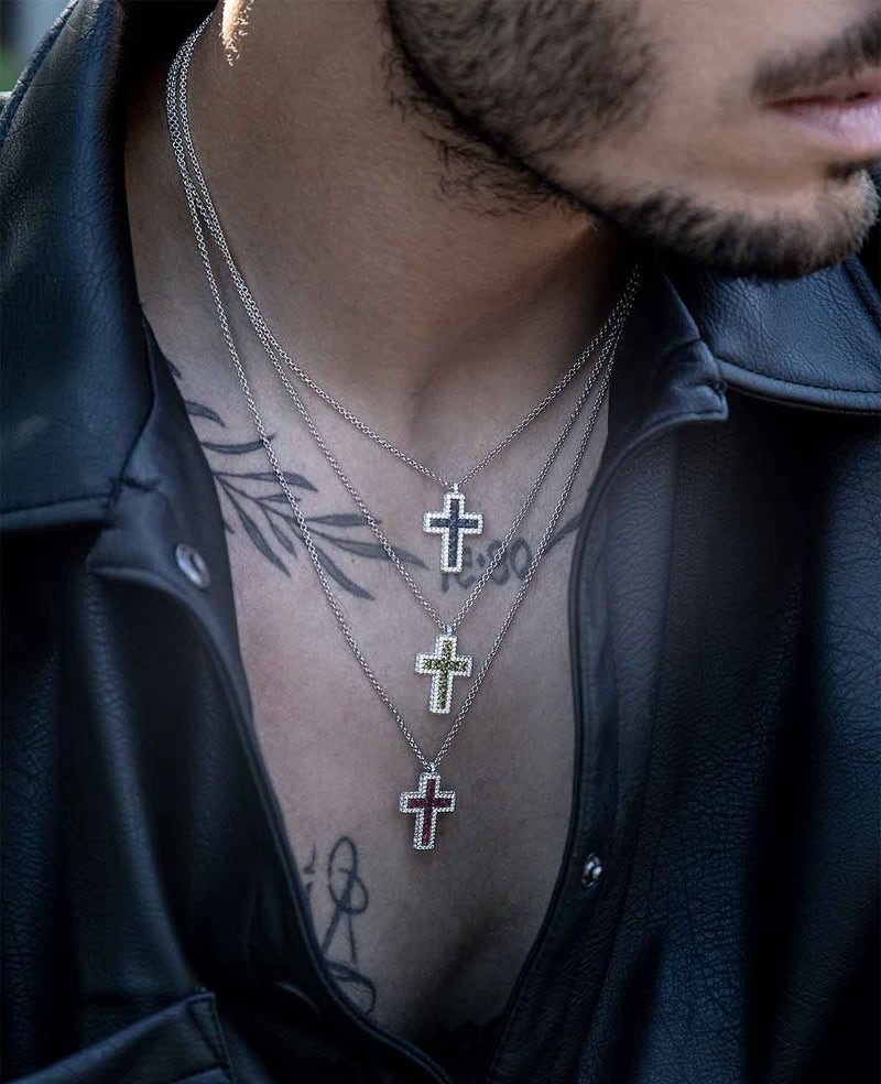 Collier Unisexe APM Monaco Croix en Argent 925 Pavé Vert Kaki Réf. AC7123XARG vue 2