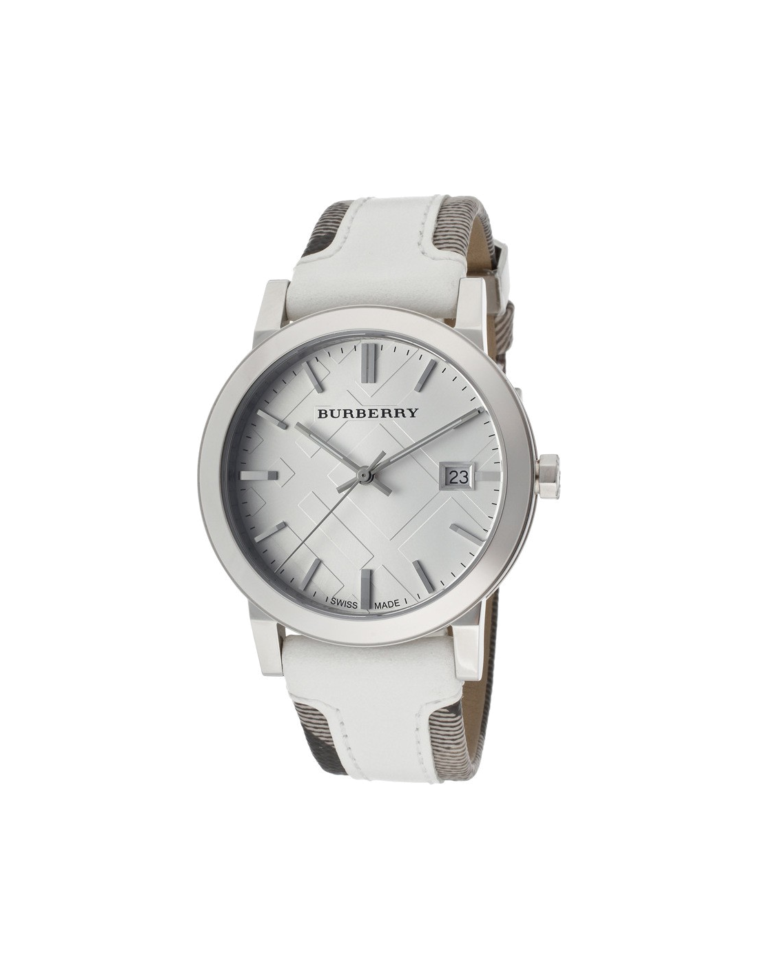 Montre Burberry BU9019 Bracelet Cuir Blanc et Cadran Argenté