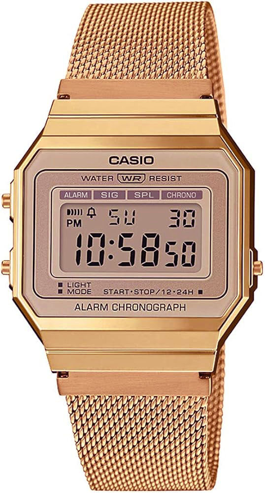 Montre retro Casio Collection Vintage A700WEM affichage digital maille milanaise doré rose