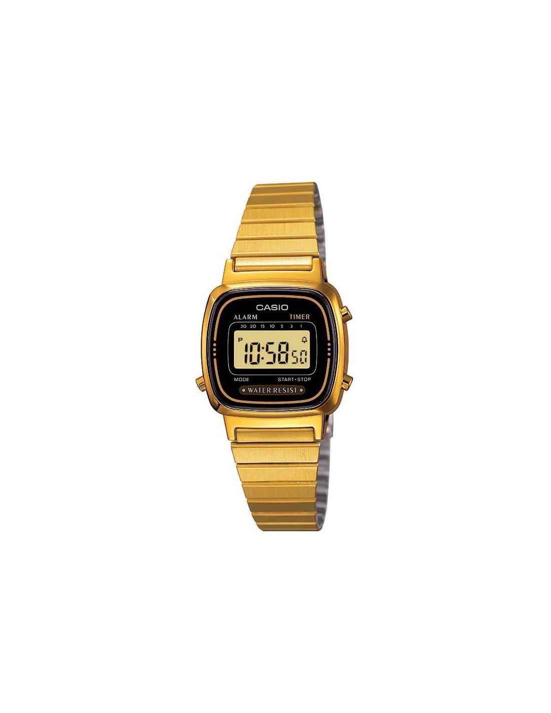Montre Femme digitale Casio Vintage LA670WEGA-1EF cadran carré noir bracelet en métal plaqué doré