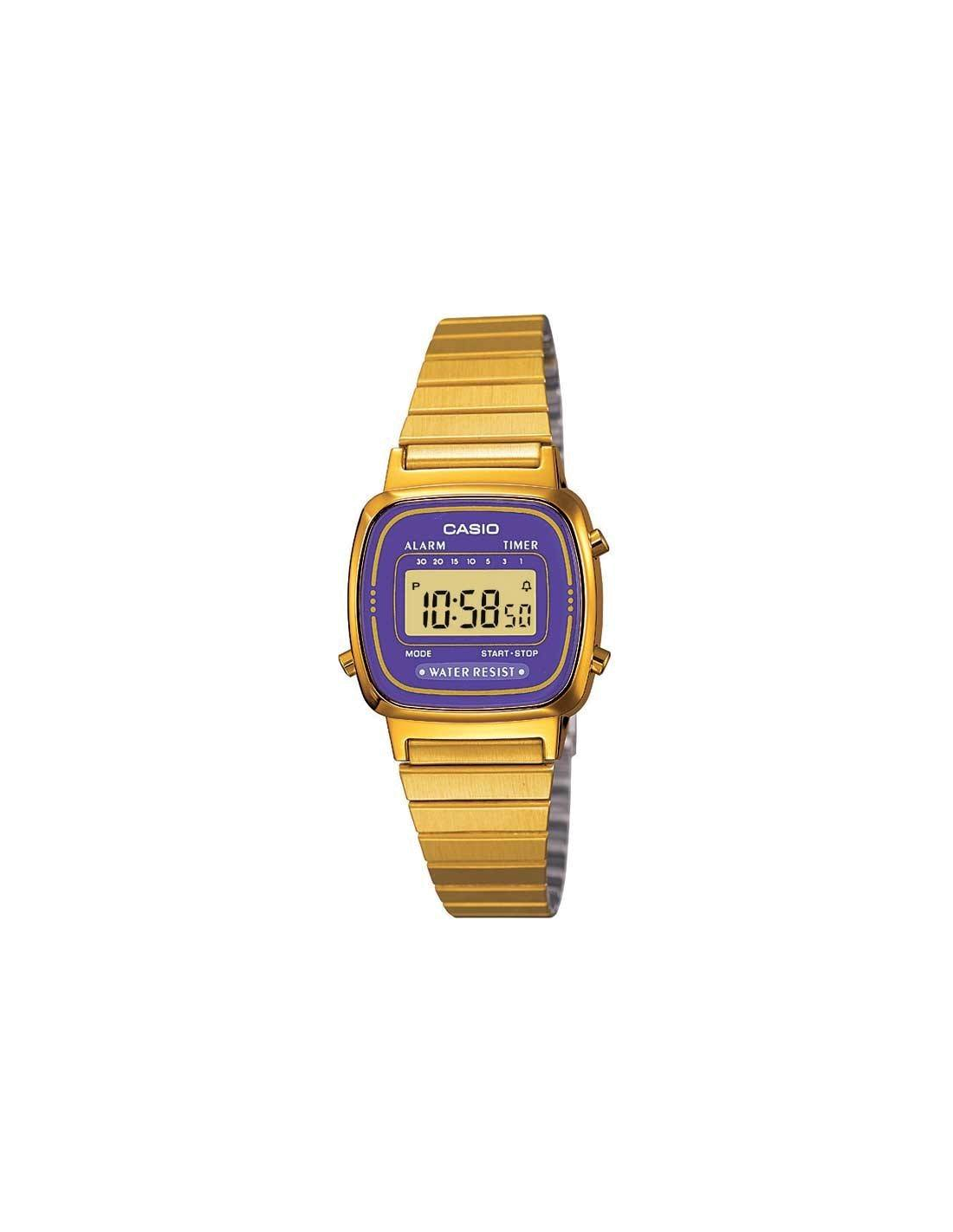 Montre Femme digitale Casio Vintage LA670WEGA-6EF dorée cadran violet