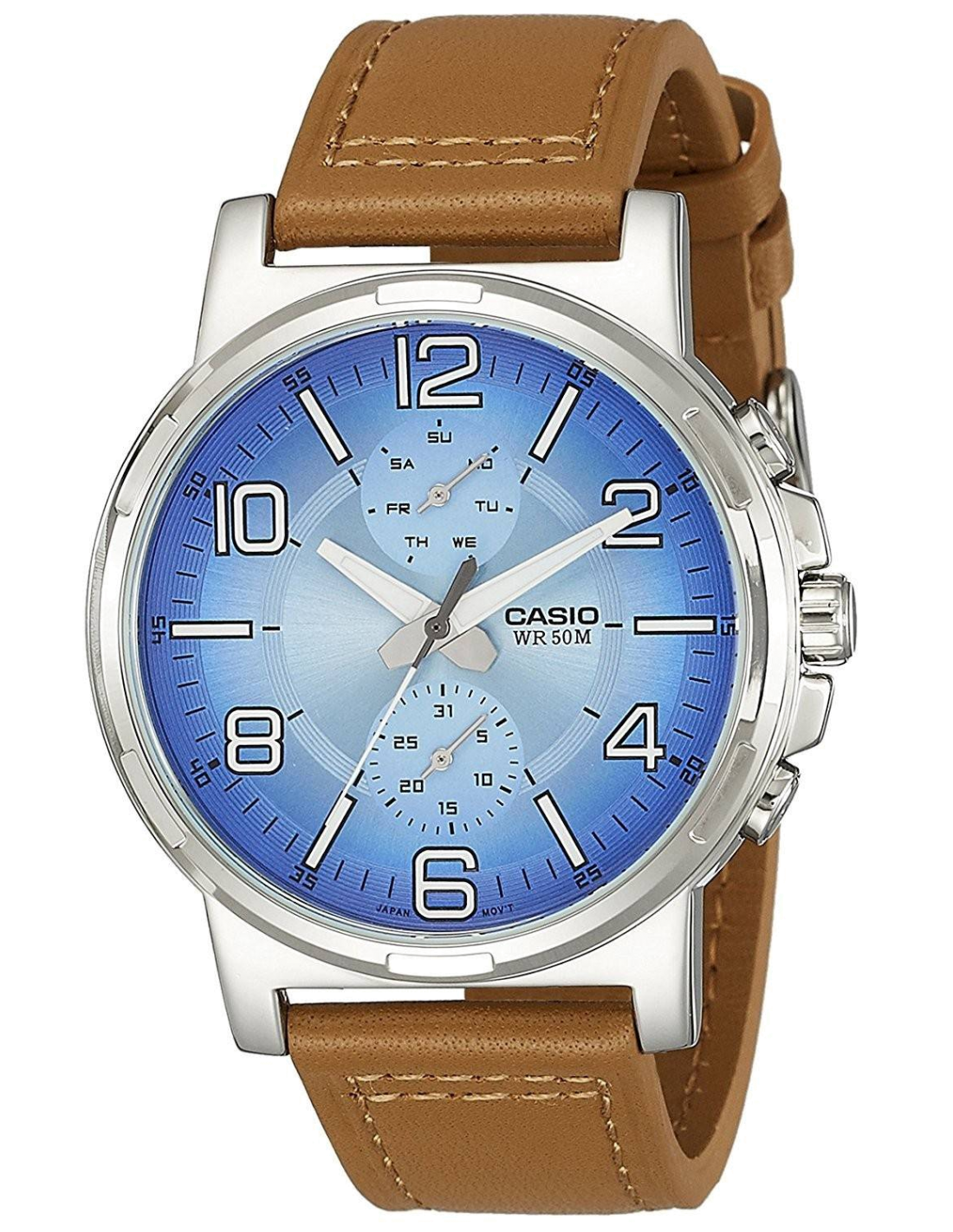 Montre Casio MTP-E313L-2B2V avec Cadran Bleu et Bracelet en Cuir Brun