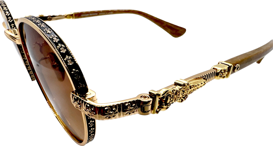 Lunettes de soleil Chrome Hearts Réf. 110033 - Monture ronde métal doré, verres marron minéraux - Unisexe vue 4