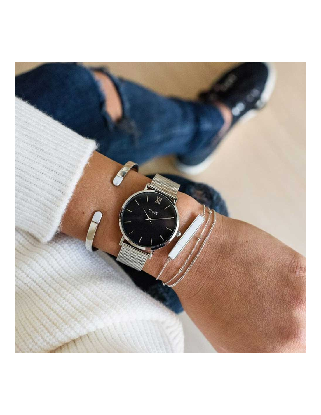Montre Cluse Minuit Mesh Silver/Black CL30015 Bracelet en maille milanaise vue 4