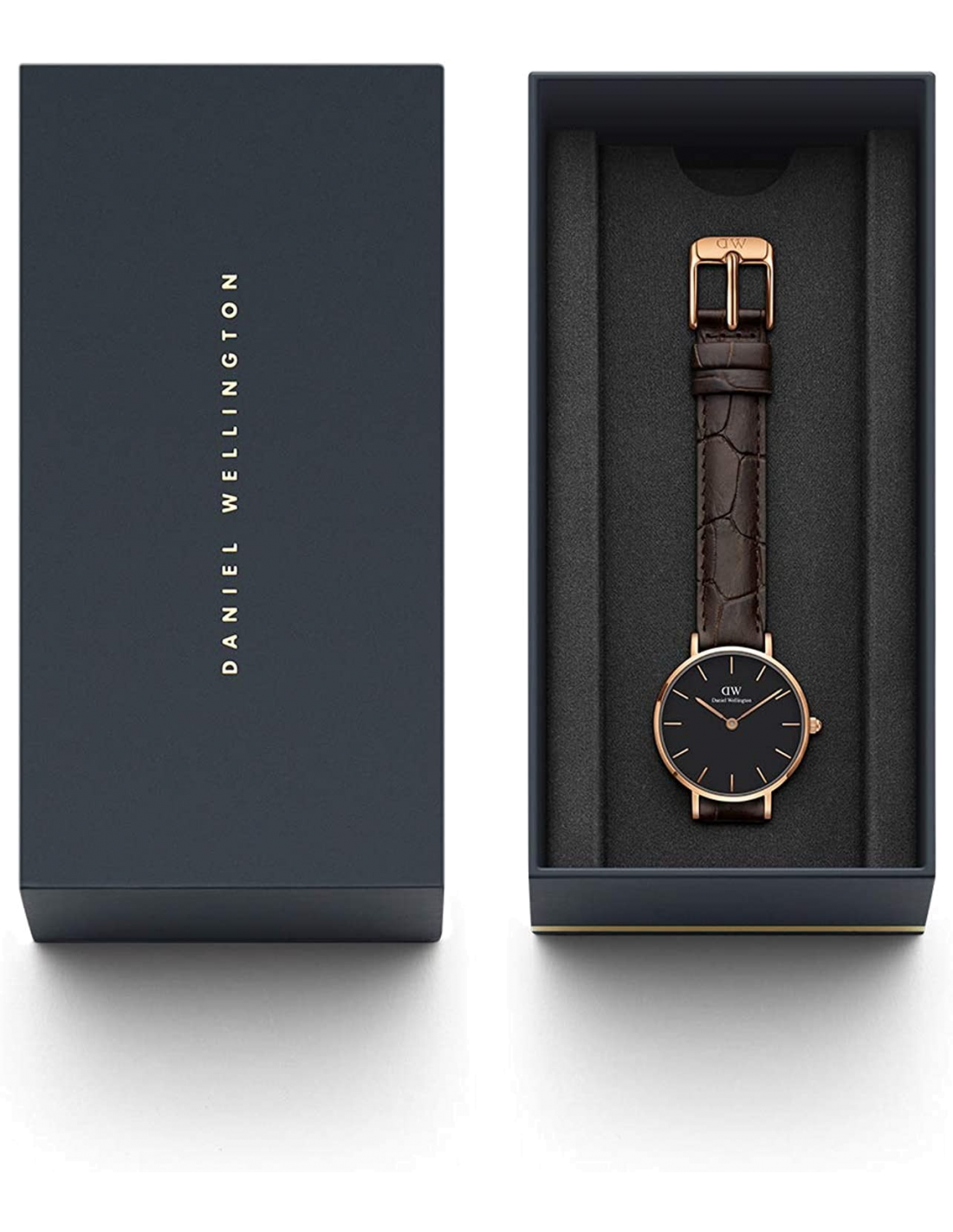 Montre Femme Daniel Wellington Classic Petite DW00100226, Cadran Noir, Bracelet Cuir Marron, Boîtier Or Rose vue 2