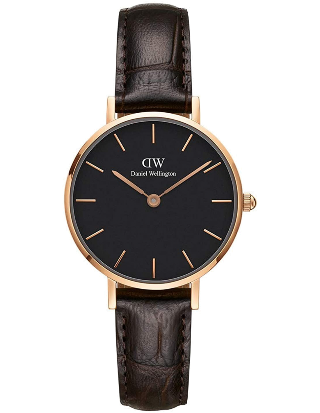 Montre Femme Daniel Wellington Classic Petite DW00100226, Cadran Noir, Bracelet Cuir Marron, Boîtier Or Rose vue 3