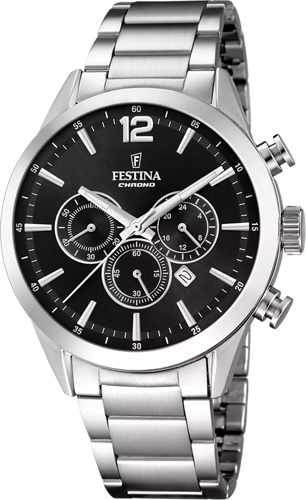Montre Festina F20343/8 en Acier Argenté avec Cadran Noir et Fonctions Jour-Date