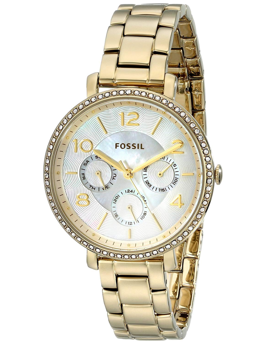 Montre Femme Fossil ES3756 Cadran Nacre et Lunette Cristaux Dorée