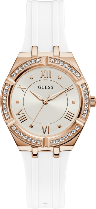 Montre Femme Guess Cosmo GW0034L2 bracelet silicone blanc boitier or rose orné de strass