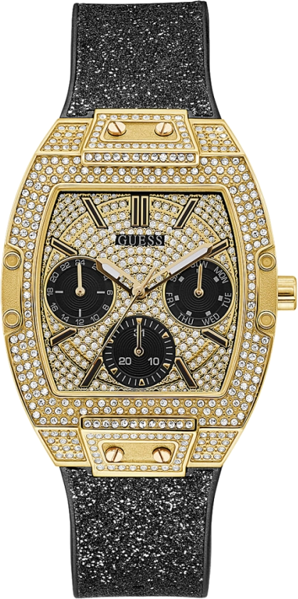 Montre Femme Guess Raven GW0105L2 bracelet silicone noir pailleté boitier doré orné de strass