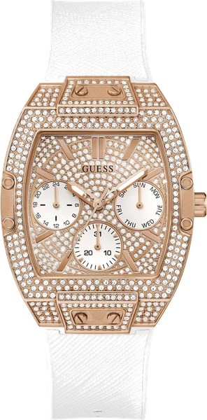 Montre Femme Guess Raven GW0105L3 bracelet silicone blanc boitier or rose orné de strass