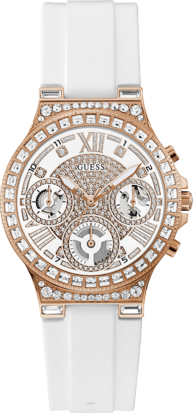 Montre Femme Guess Moonlight GW0257L2 bracelet silicone blanc boitier or rose orné de strass