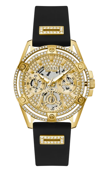 Montre Femme Guess Queen GW0536L3 bracelet silicone noir boitier doré orné de strass