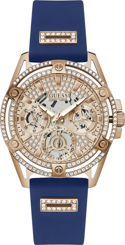 Montre Femme Guess Queen GW0536L5 bracelet silicone bleu boitier or rose orné de strass