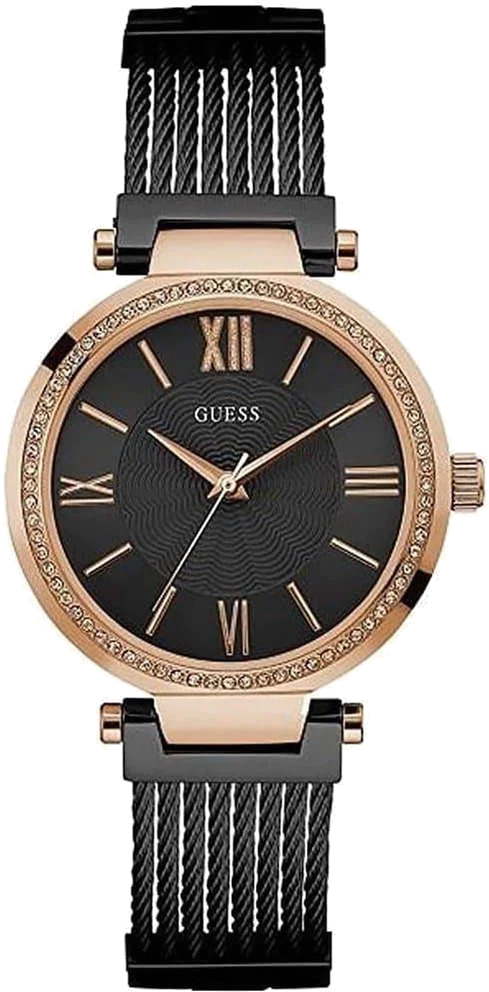 Montre Femme Guess Boîtier en or rose W0638L5 Cadran noir Bracelet en maille Quartz