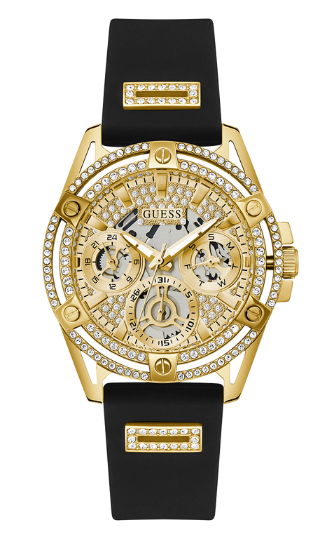 Montre Femme Guess Queen GW0536L3 bracelet silicone noir boitier doré orné de strass