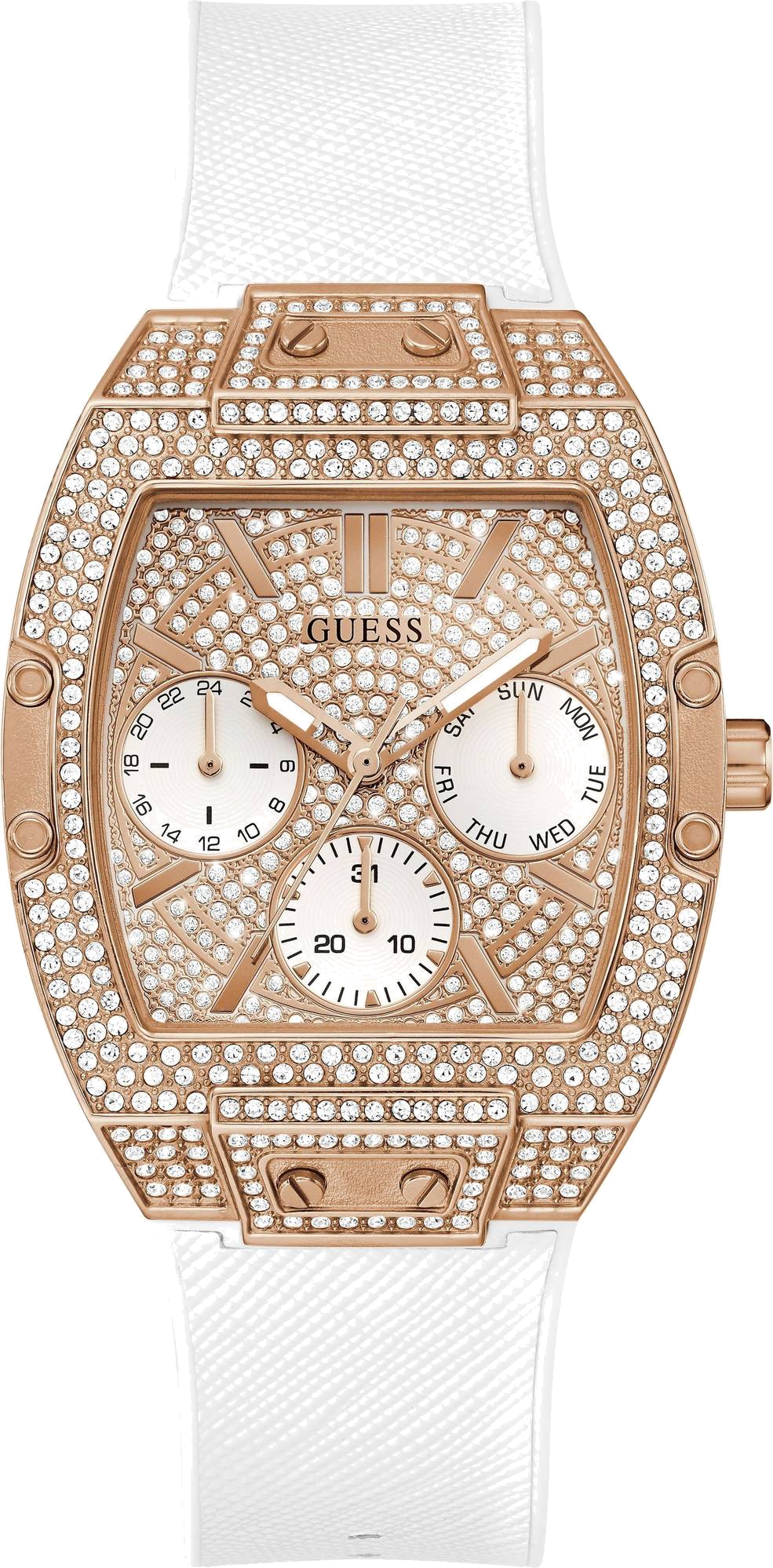 Montre Femme Guess Raven GW0105L3 bracelet silicone blanc boitier or rose orné de strass
