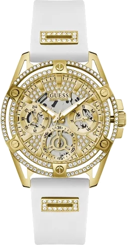 Montre Femme Guess Queen GW0536L2 bracelet silicone blanc boitier doré orné de strass