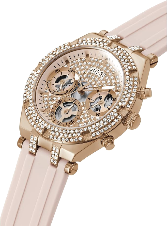 Montre Femme Guess Heiress GW0407L3 bracelet silicone rose boitier orné de strass vue 2