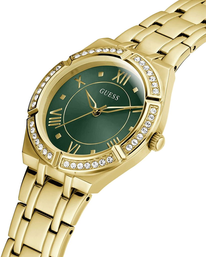Montre Femme Guess Cosmo GW0033L8 bracelet acier doré cadran vert vue 3