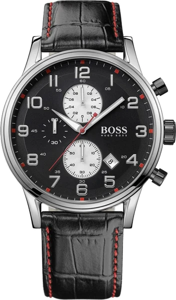 Montre Hugo Boss 1512631 Bracelet Cuir Croco Noir et Surpiqûres Rouges
