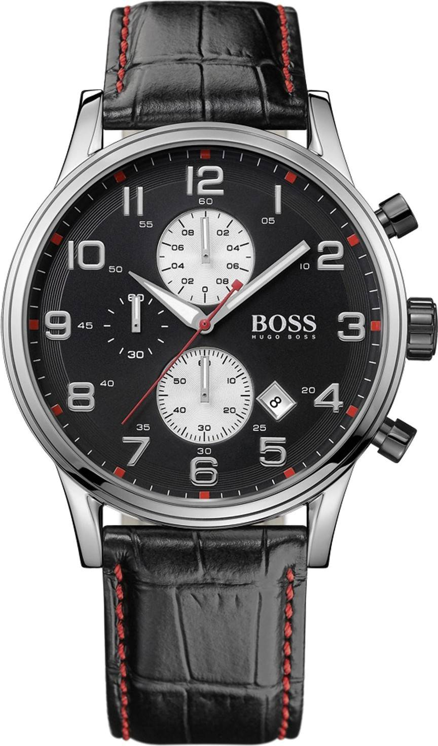 Montre Hugo Boss 1512631 Bracelet Cuir Croco Noir et Surpiqûres Rouges