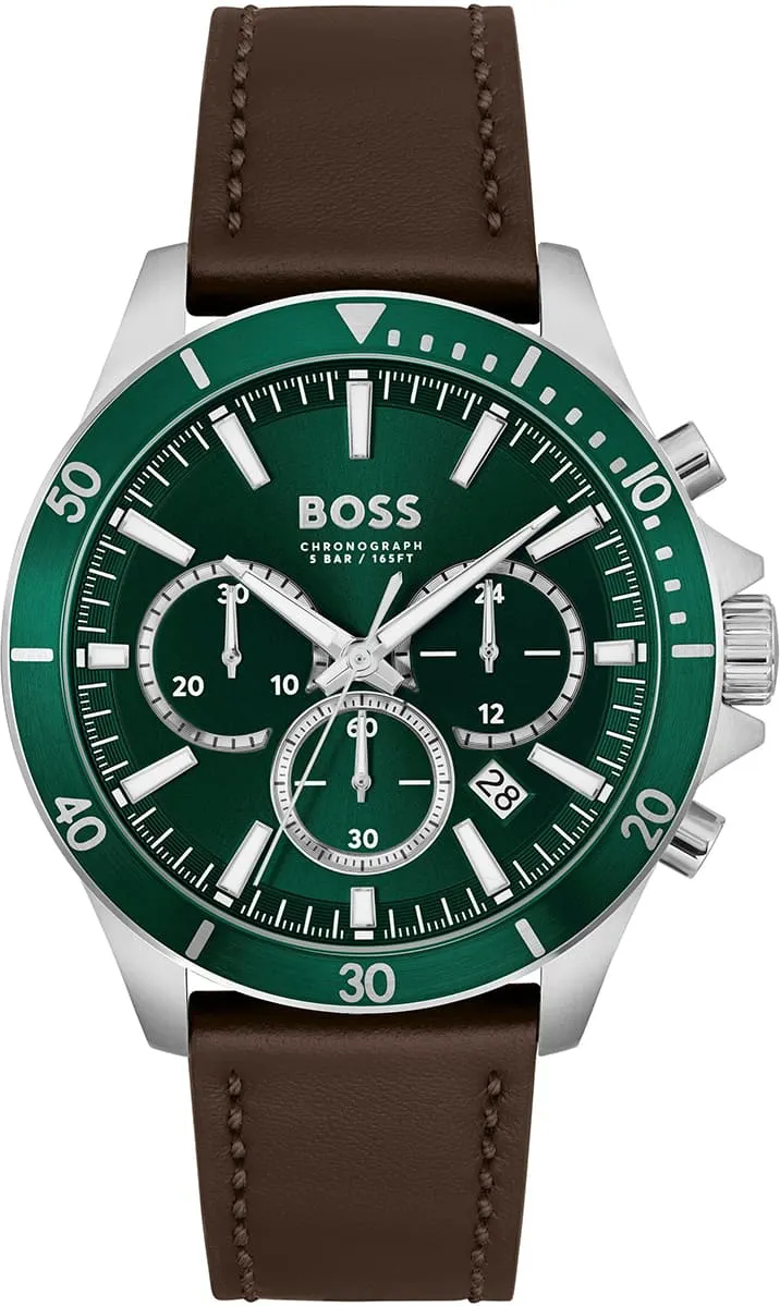 Montre Homme Hugo Boss Troper 1514098 bracelet cuir marron cadran vert multifonctions