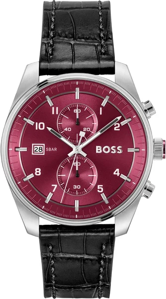 Montre Hugo Boss 1514193 Skytraveller Cadran Rouge et Cuir Noir Aspect Croco
