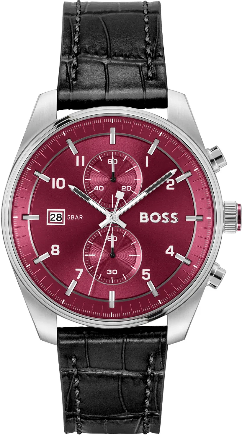 Montre Hugo Boss 1514193 Skytraveller Cadran Rouge et Cuir Noir Aspect Croco