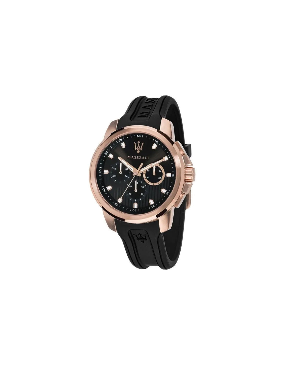 Montre Maserati R8851123008 Chronographe en Acier avec Détails Or Rose et Bracelet Silicone Noir