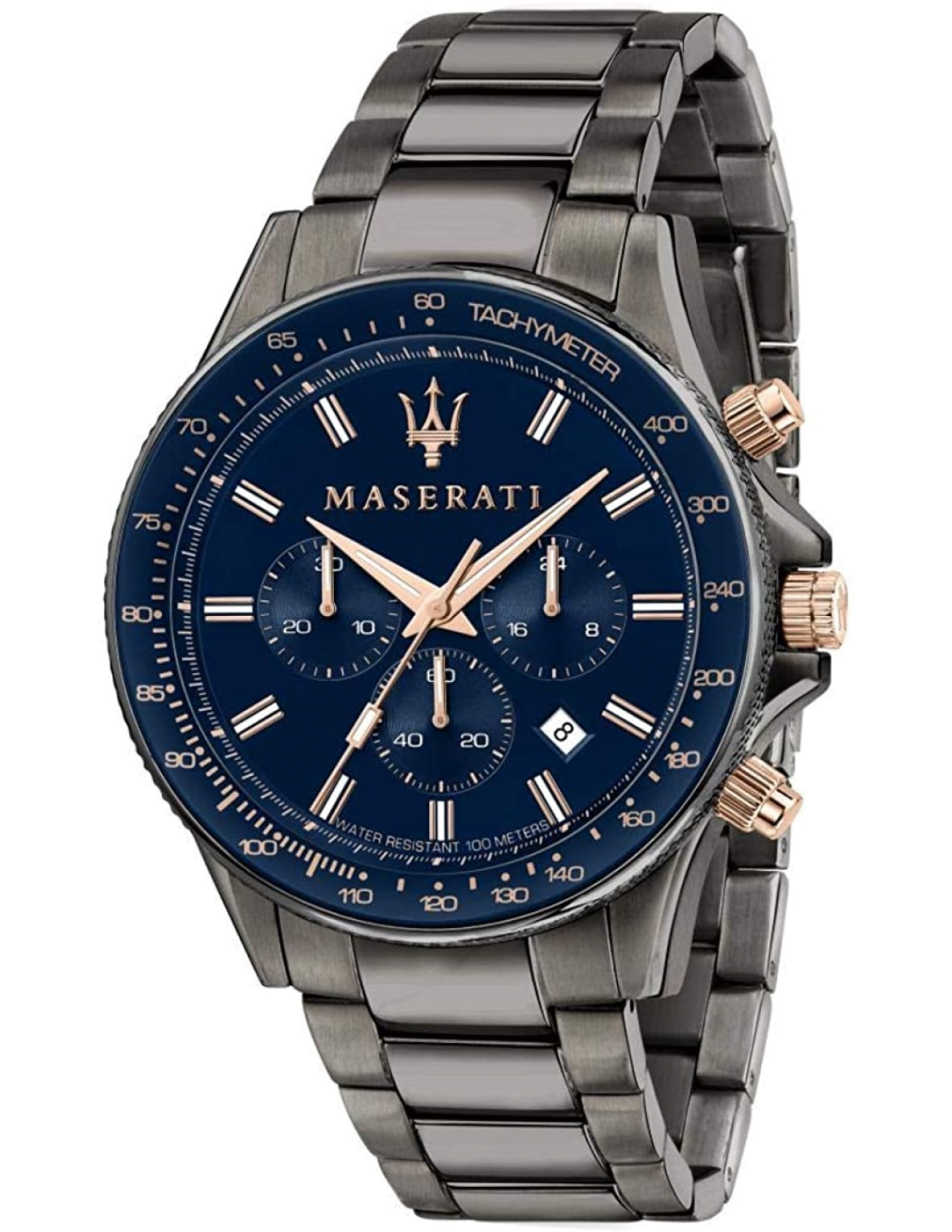 Montre Maserati Sfida R8873640001 chronomètre bleu détails or rose en acier noir