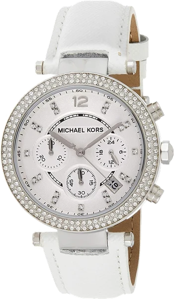 Montre Michael Kors MK2277 Bracelet en Cuir Blanc et Lunette Cristaux