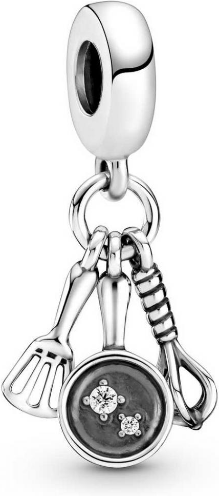 Charm Pandora argent 925 pour femme, référence 799531C01, thème cuisine avec spatule, poêle et fouet