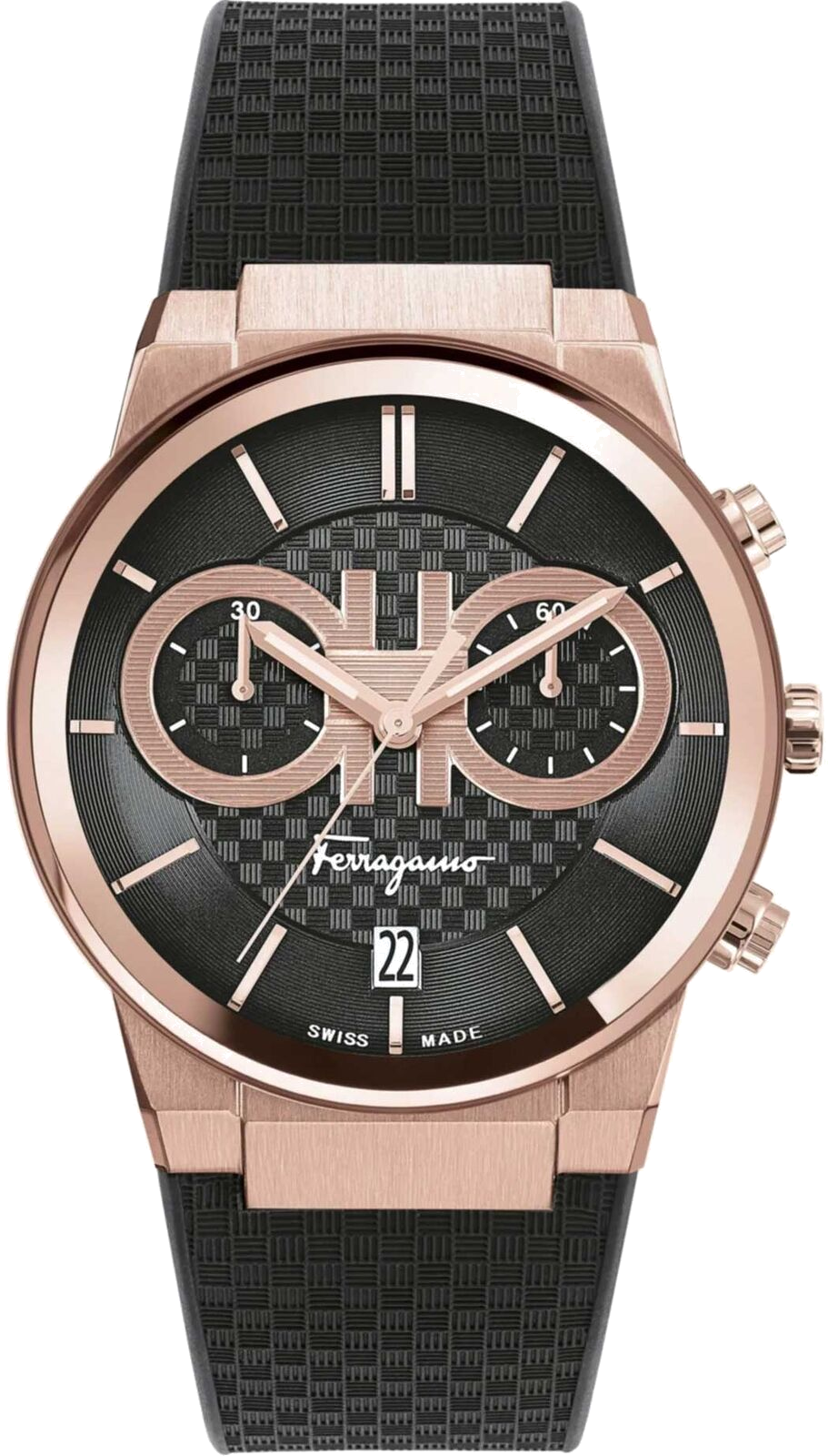 Montre Salvatore Ferragamo SFME00721 Chronographe Acier Or Rose et Silicone Noir