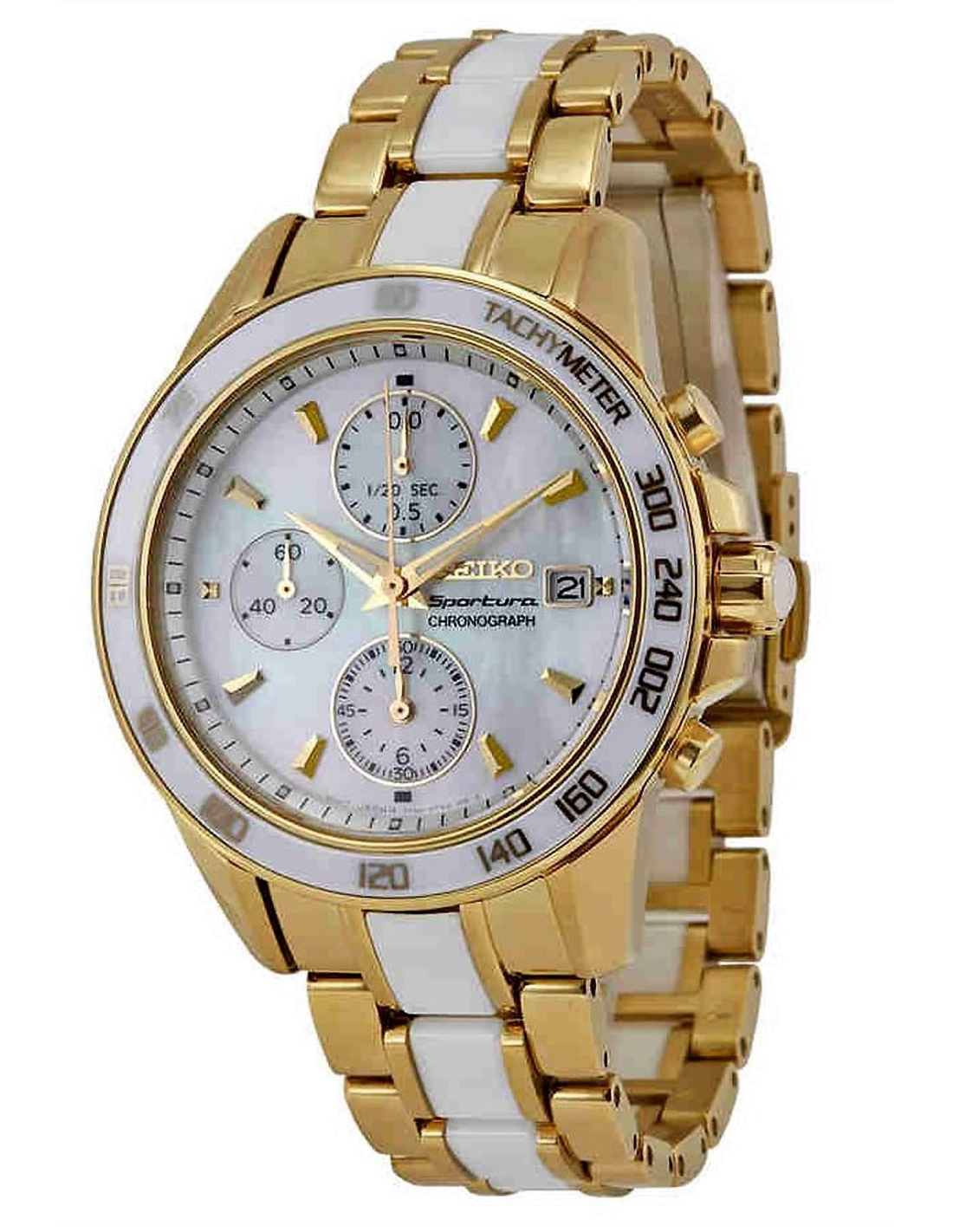 Montre Seiko SNDX02P1 Sportura Dorée et Blanche avec Tachymètre