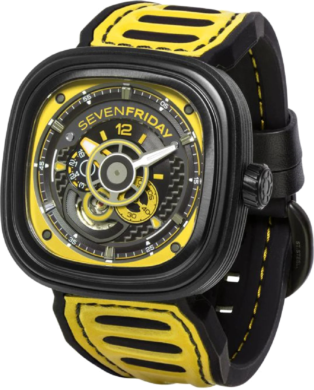 Montre Homme Sevenfriday P3B/03 Racing Team - Boîtier Bronze PVD Noir, Cadran Multicolore, Bracelet Cuir Jaune vue 2