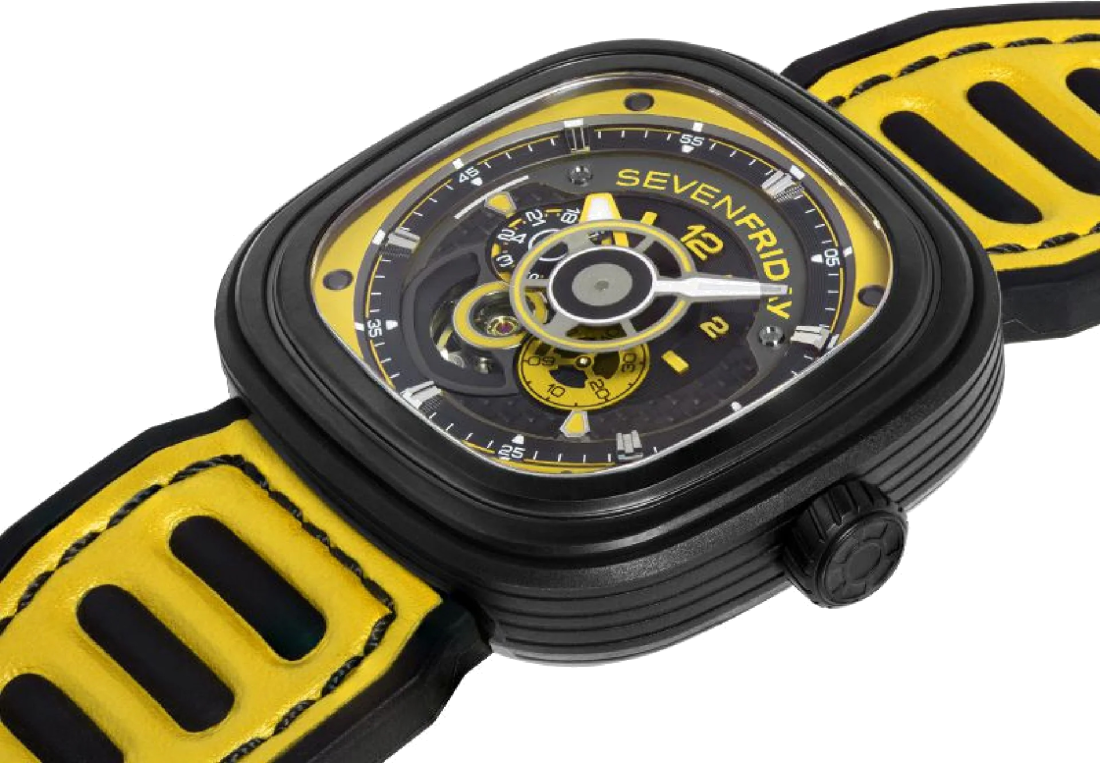 Montre Homme Sevenfriday P3B/03 Racing Team - Boîtier Bronze PVD Noir, Cadran Multicolore, Bracelet Cuir Jaune vue 3