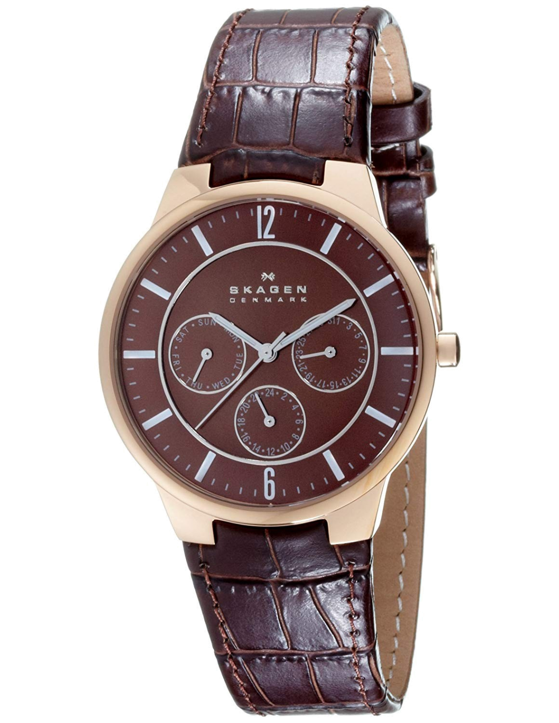 Montre Skagen 331XLRLD Bracelet Cuir Brun et Boîtier Or Rose