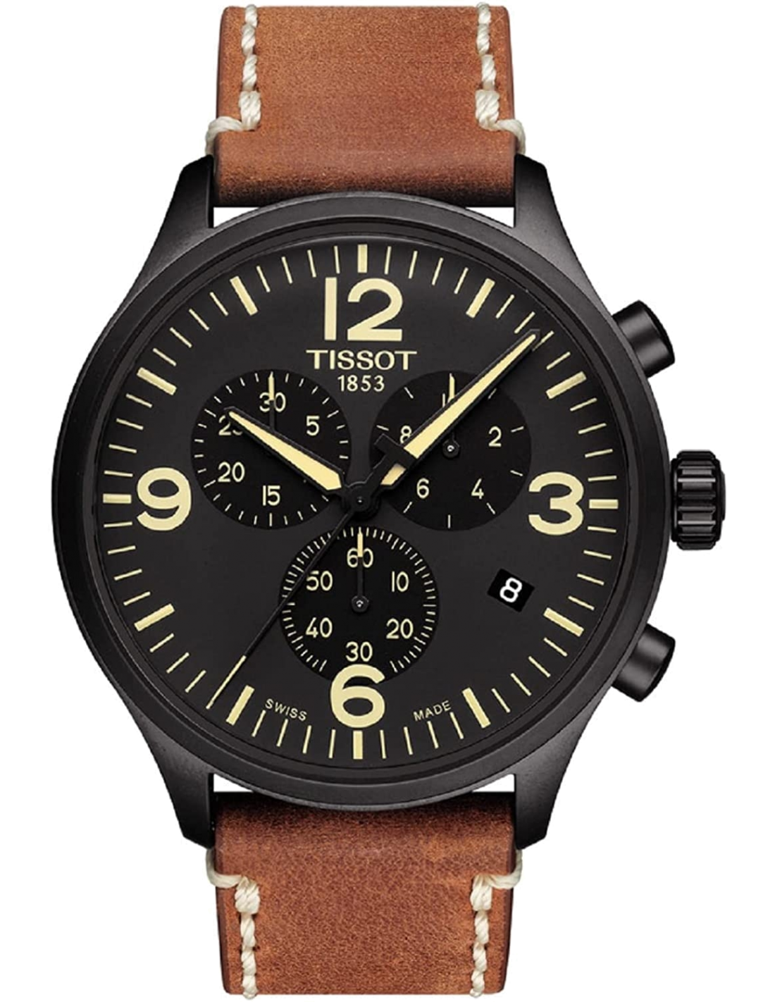 Tissot Chrono XL T1166173605700 - Chronographe Homme Cadran Noir 45mm Bracelet Cuir Brun