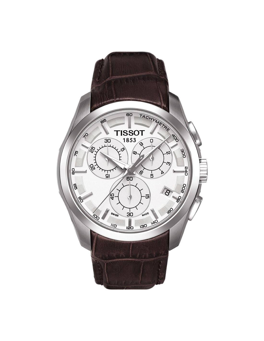 Montre Homme Tissot Couturier Chronographe T0356171603100 Cadran Blanc Cuir Marron