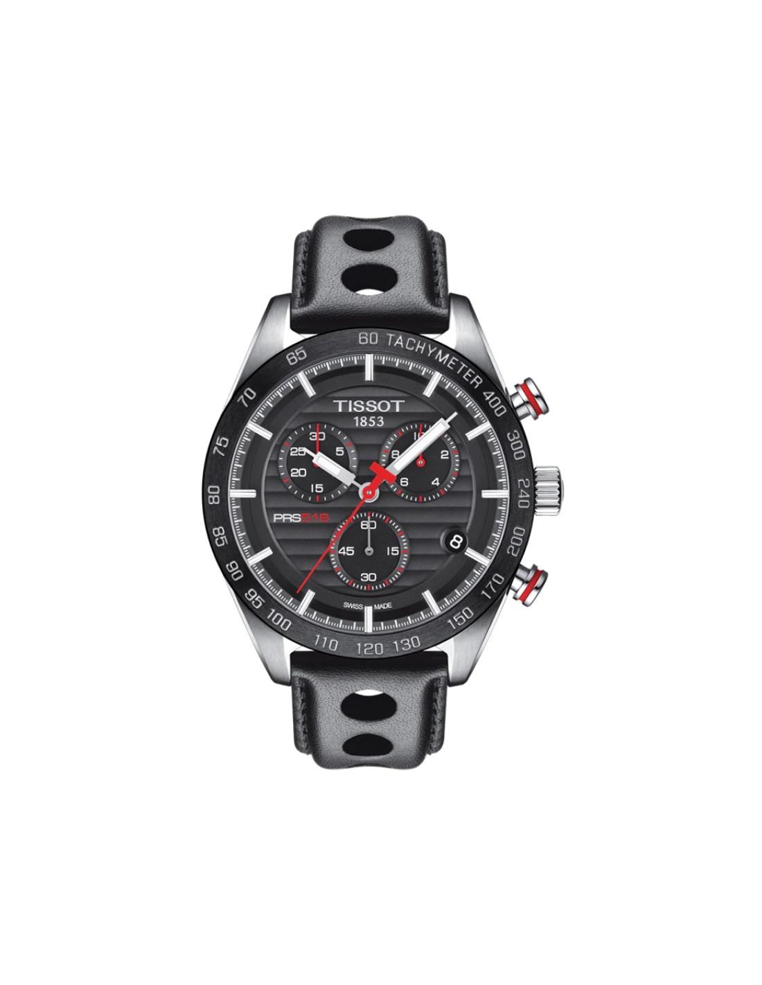 Montre Homme Tissot PRS 516 Chronographe T1004171605100 - Cadran Noir, Bracelet Cuir Perforé
